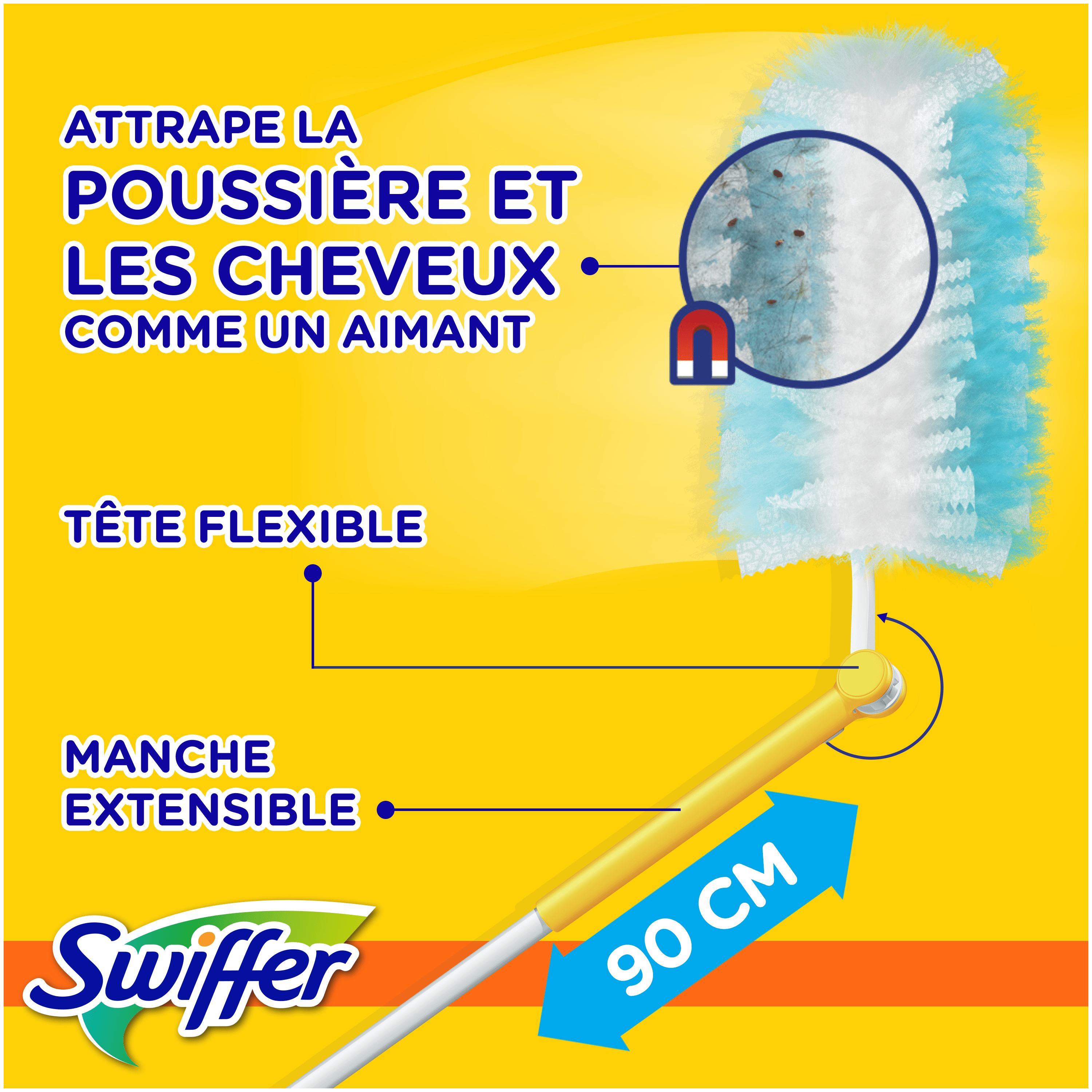 Attrape la poussière et les cheveux comme un aimant. Tête flexible et manche extensible