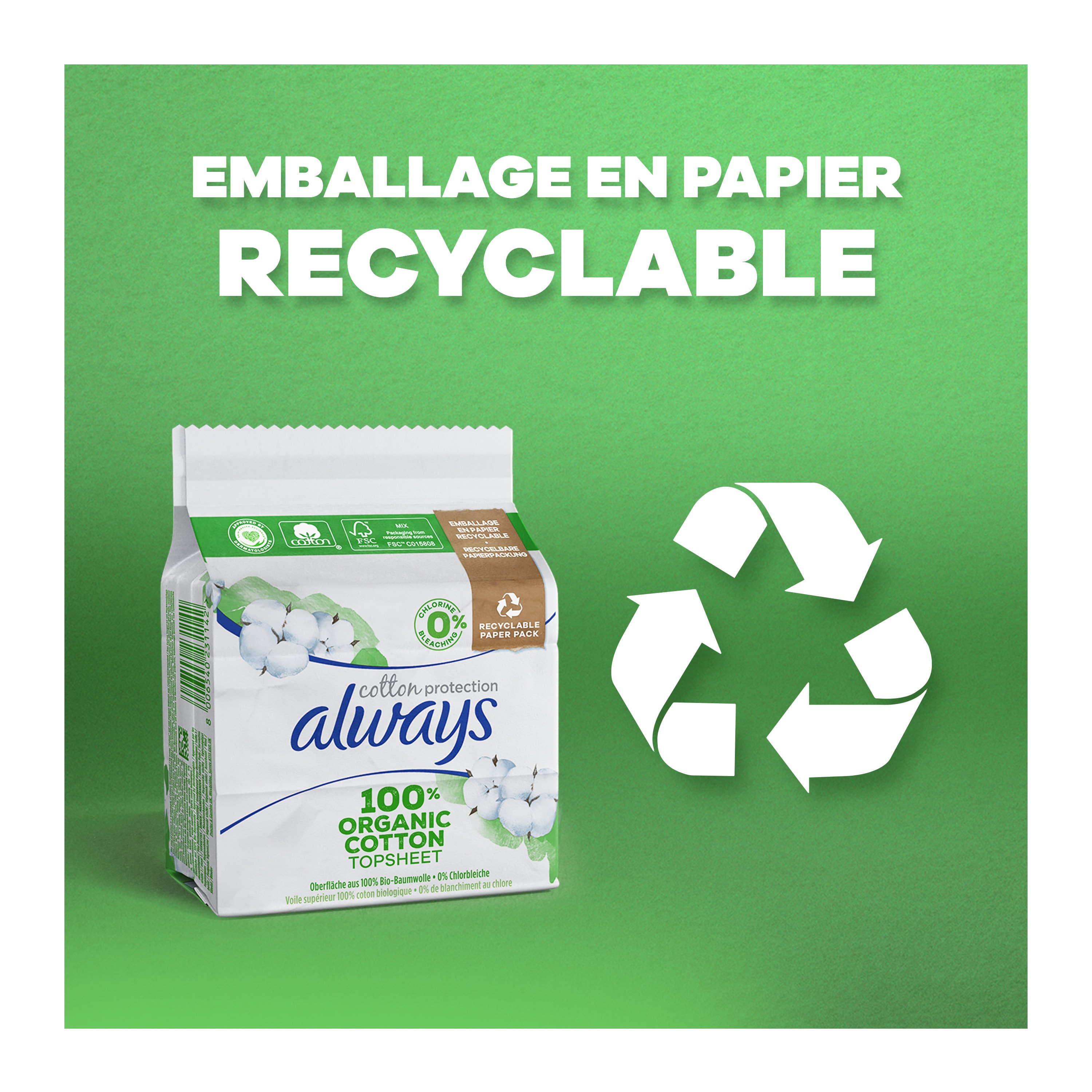 Emballage des serviettes Always Cotton Protection Normal est en papier recyclable 