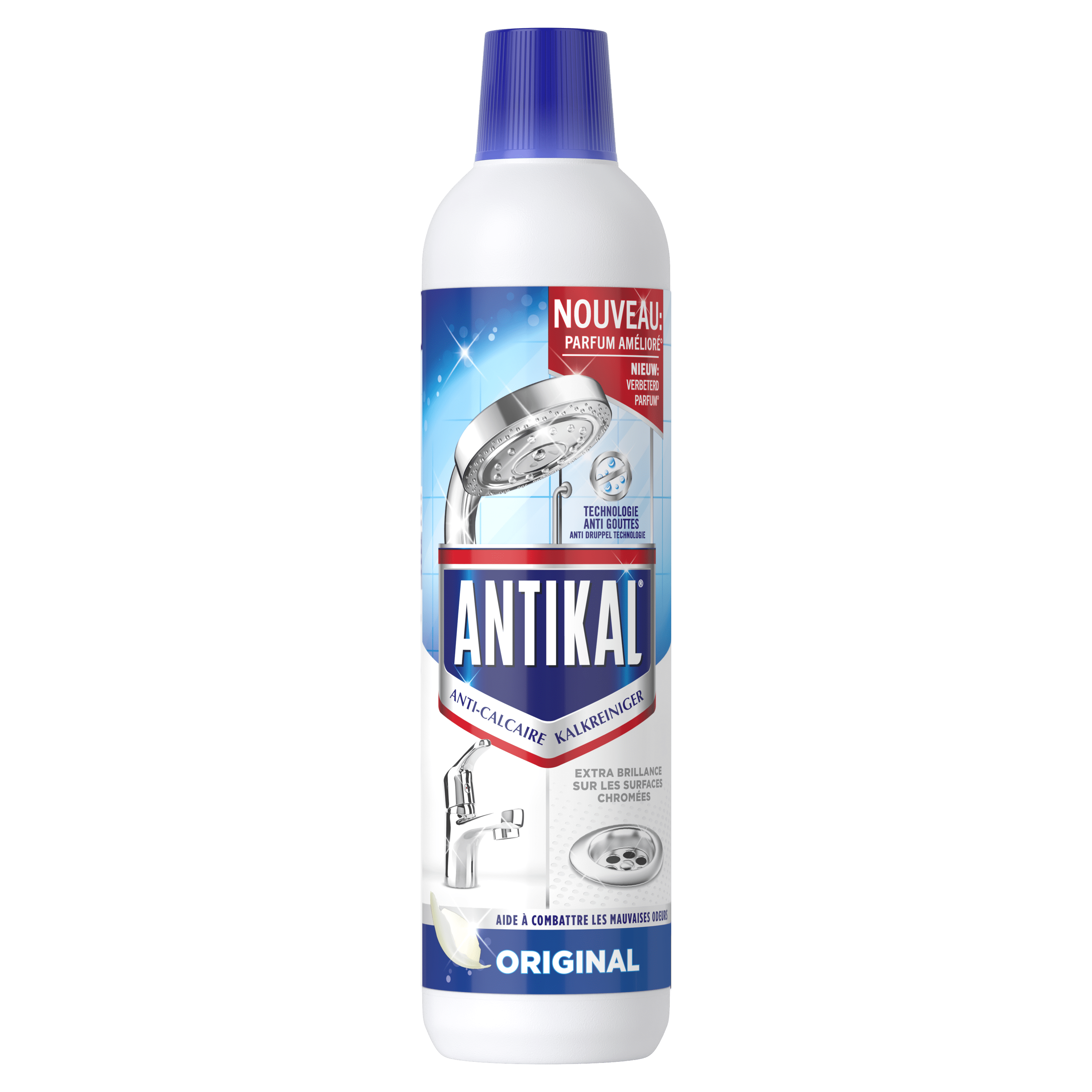 Bouteille Antikal Gel Original : nouveau parfum amélioré, technologie anti gouttes, extra brillance sur les surfaces chromées, aide à combattre les mauvaises odeurs.