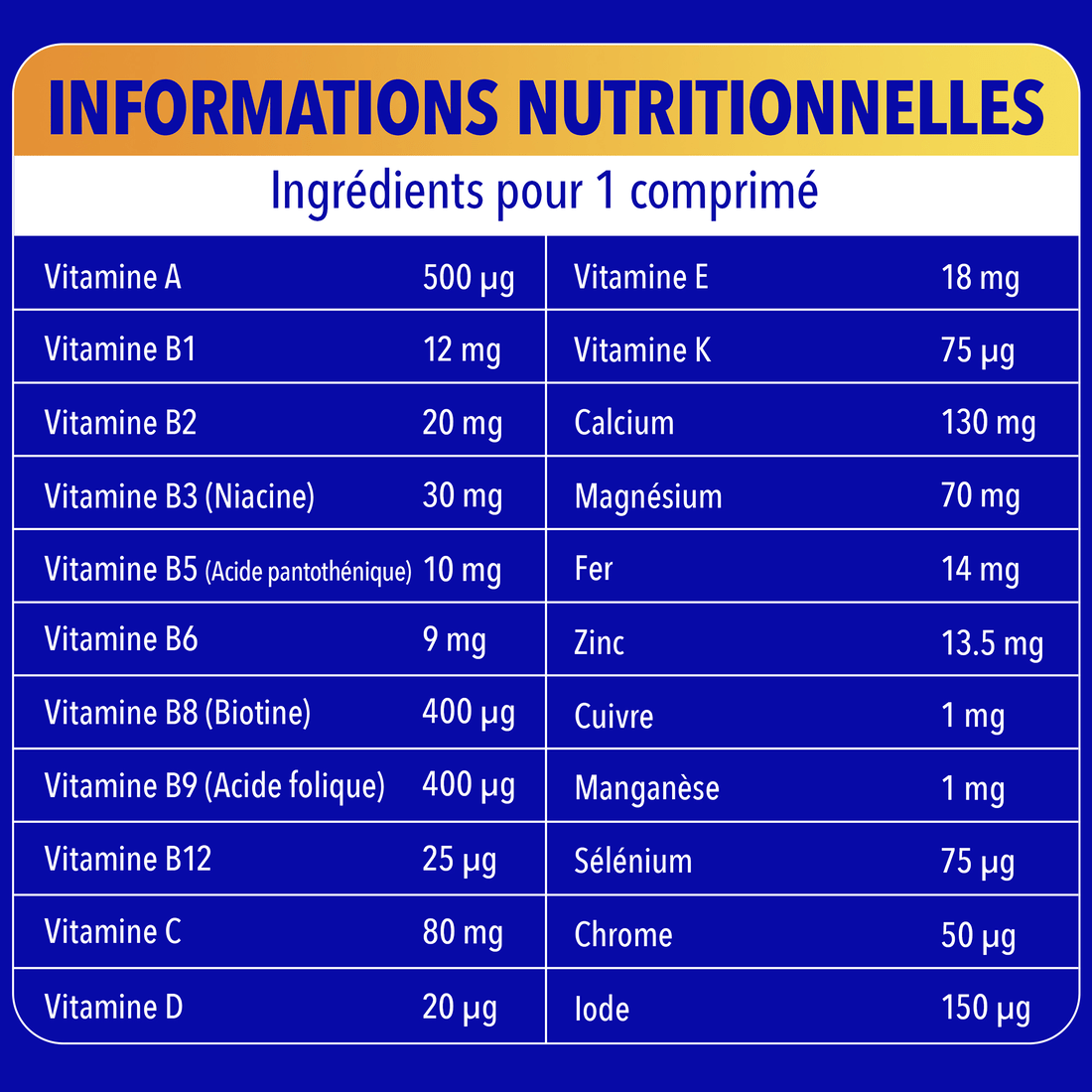 Informations nutritionelles, ingrédients pour 1 comprimé