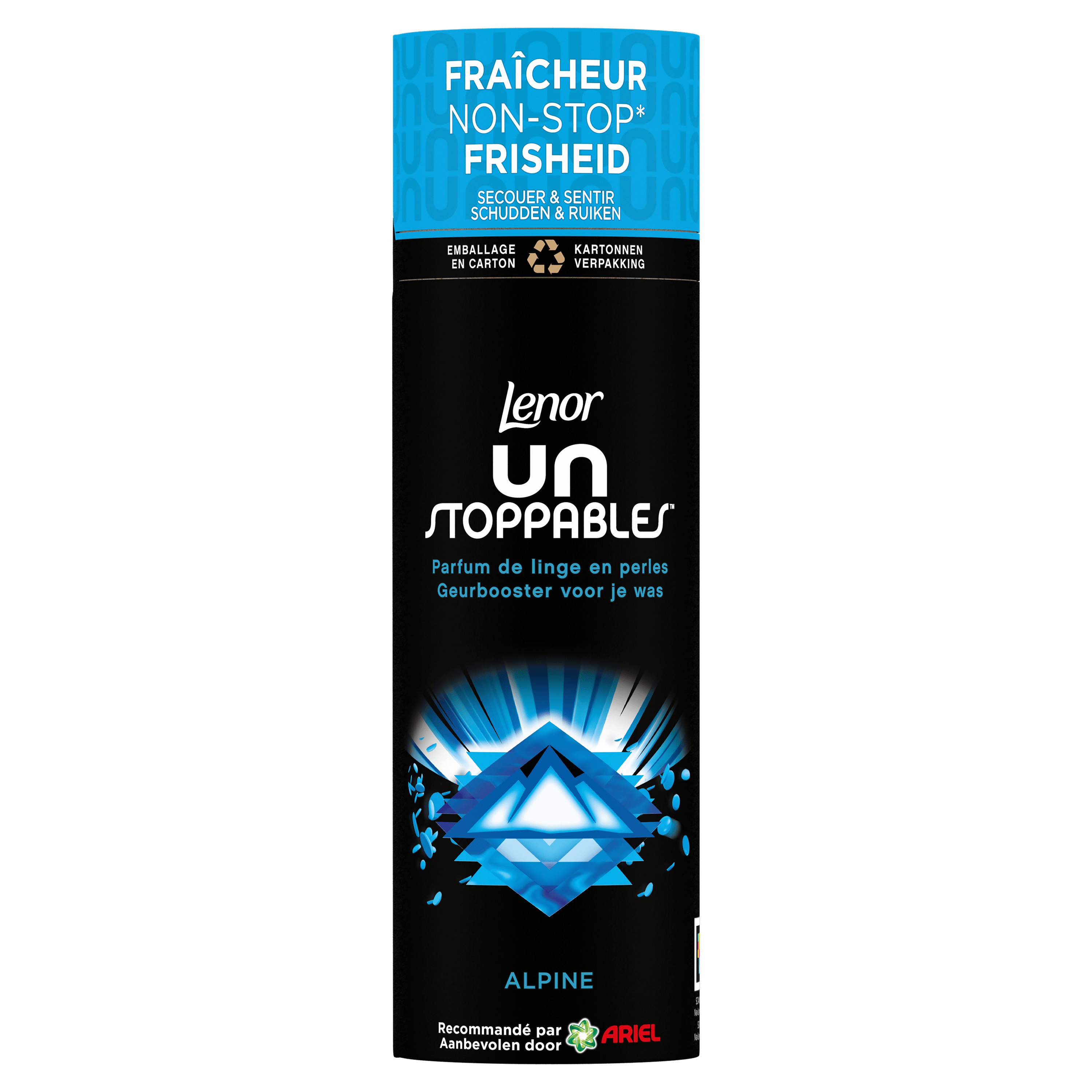 Fraîcheur non stop. Secouer & sentir. Emballage en carton. Lenor Unstoppables. Parfum de linge en perles. Alpine. Recommandé par Ariel. 