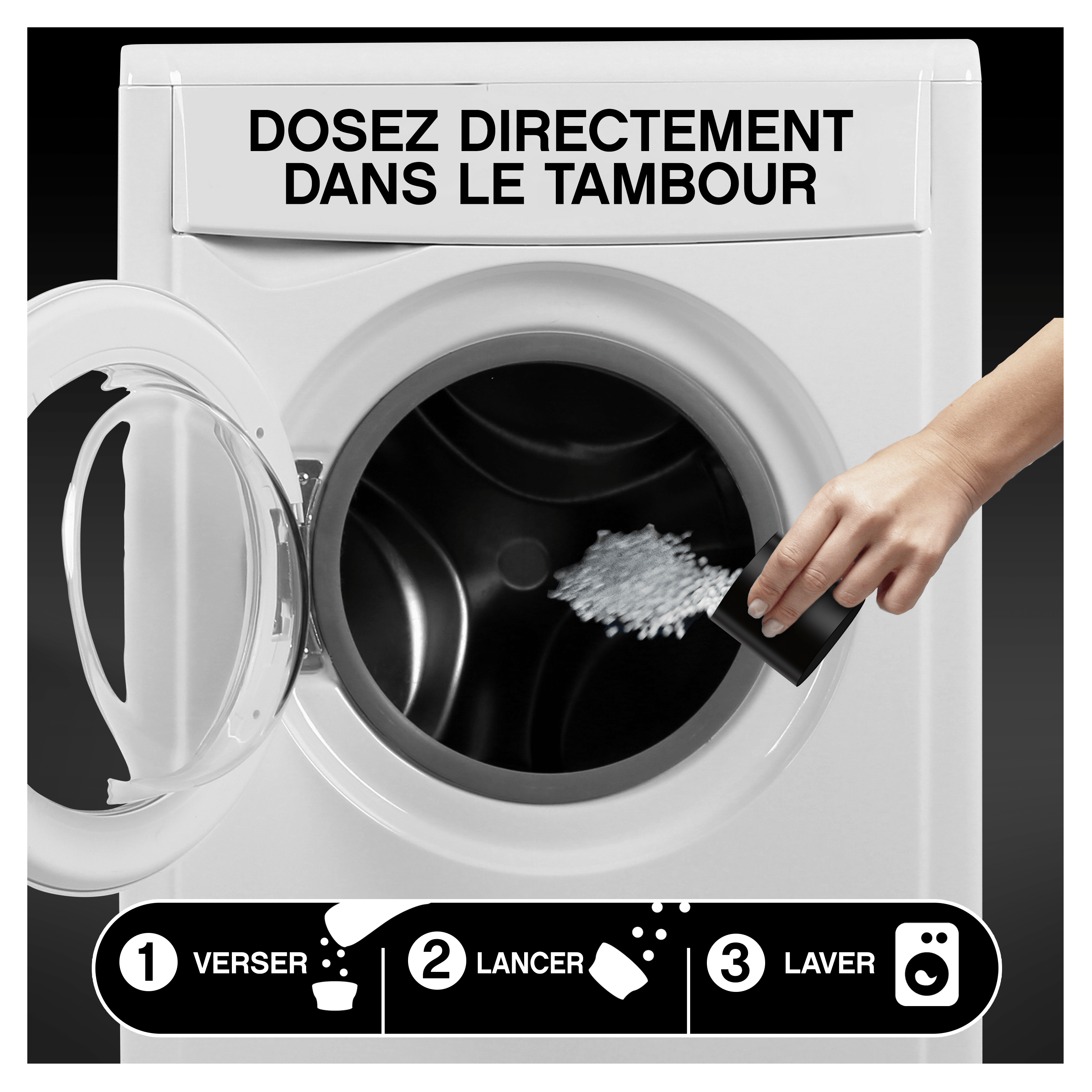 Dosez directement dans le tambour. 1. verser. 2. lancer. 3. laver. 