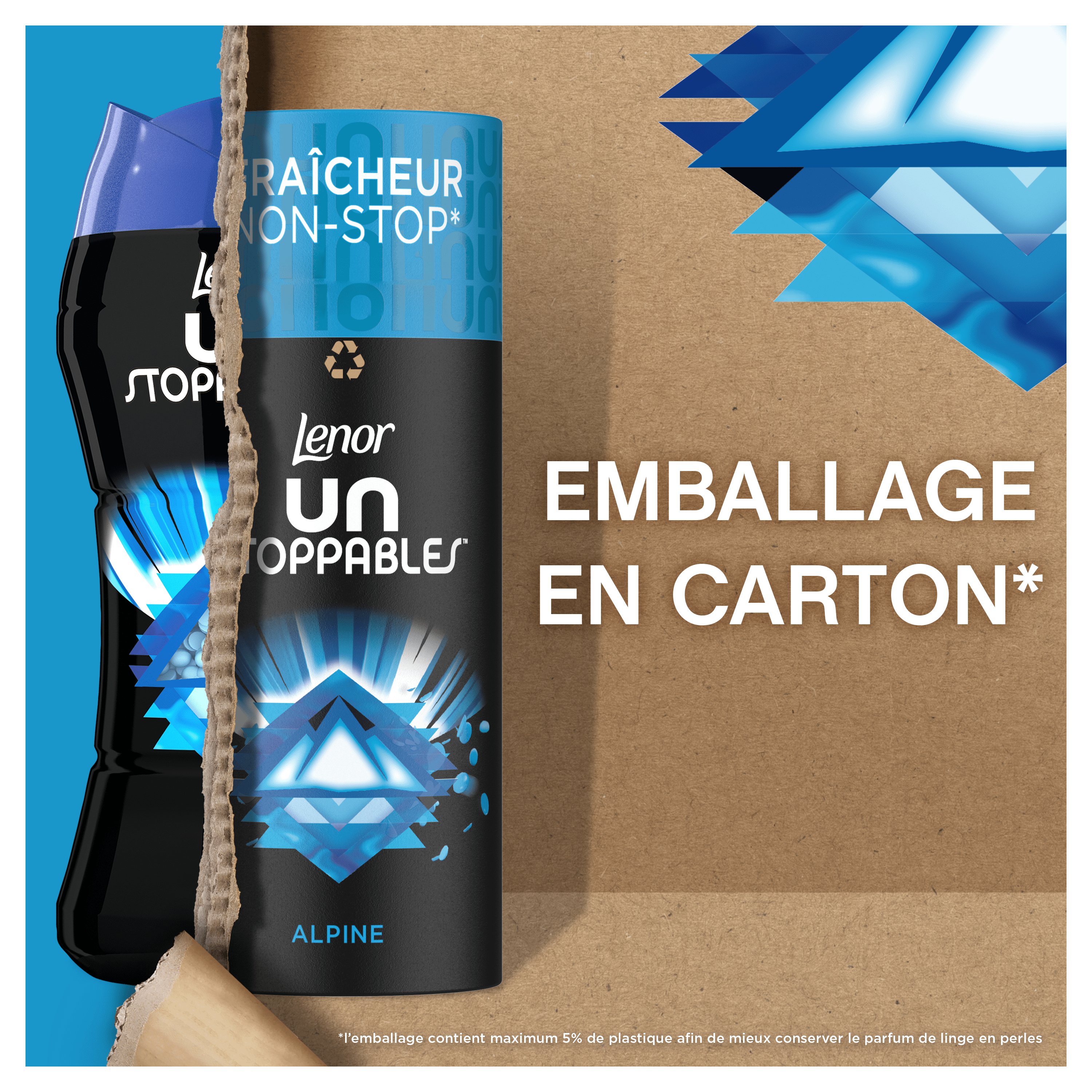 Fraicheur non stop. Lenor unstoppables Alpine. Emballage en carton. l'emballage contient maximum 5% de plastique afin de mieux conserver le perfum de linge en perles. 