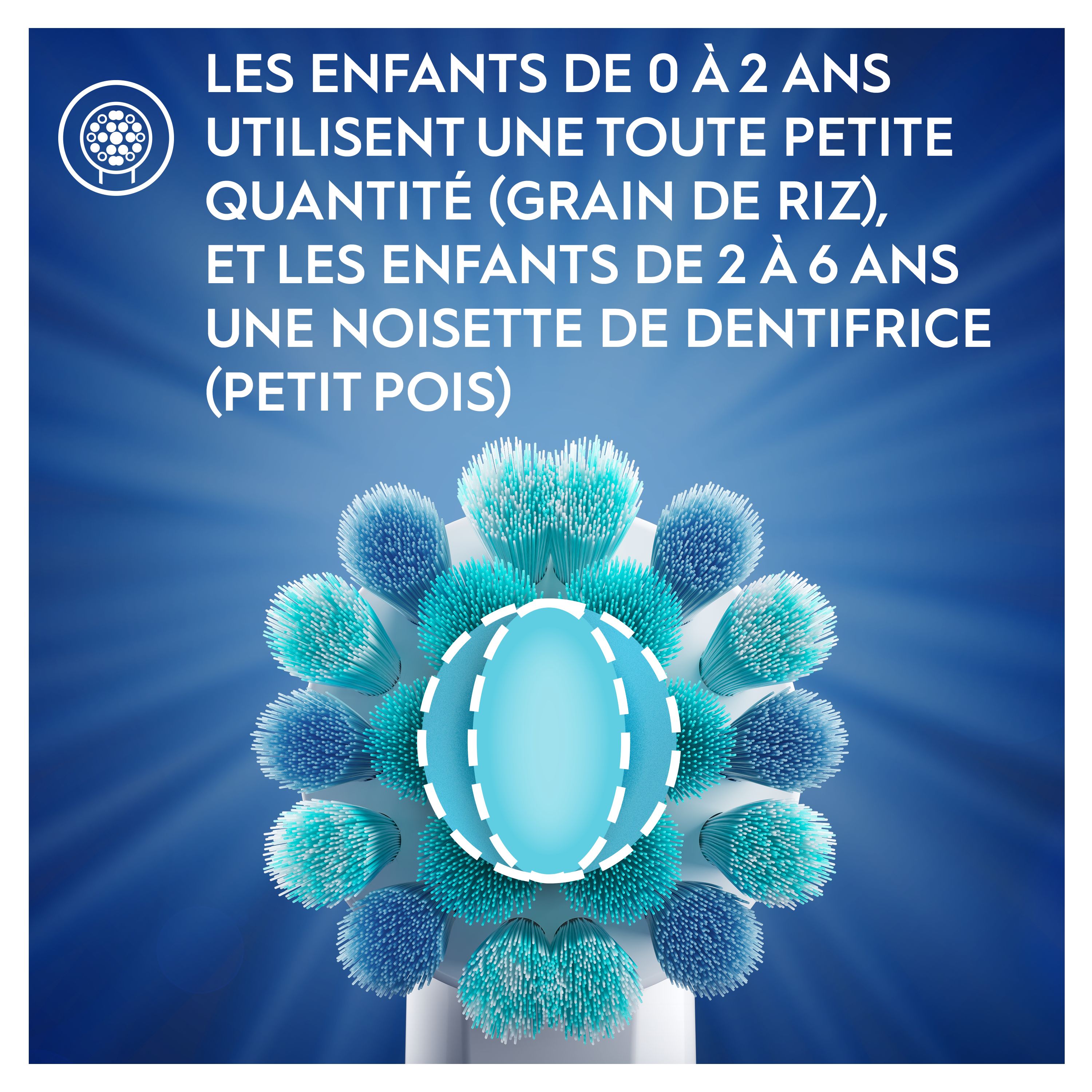 Les enfants de 0 à 2 ans utilisent une toute petite quantité  (grain de riz) et les enfants de 2 à 6 ans une noisette de dentifrice (petit pois)
