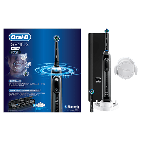 Packaging de la brosse à dents électrique Oral- B 10000N coloris noir : brossette, brosse à dents et fixateur mural