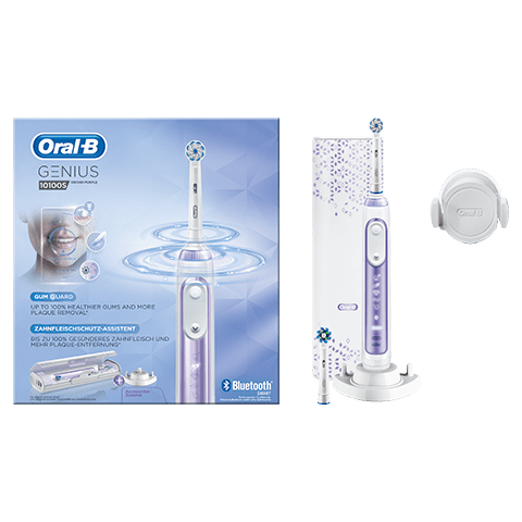 Packaging de la brosse à dents électrique Oral- B 10000N coloris orchidée : brossette, brosse à dents et fixateur mural