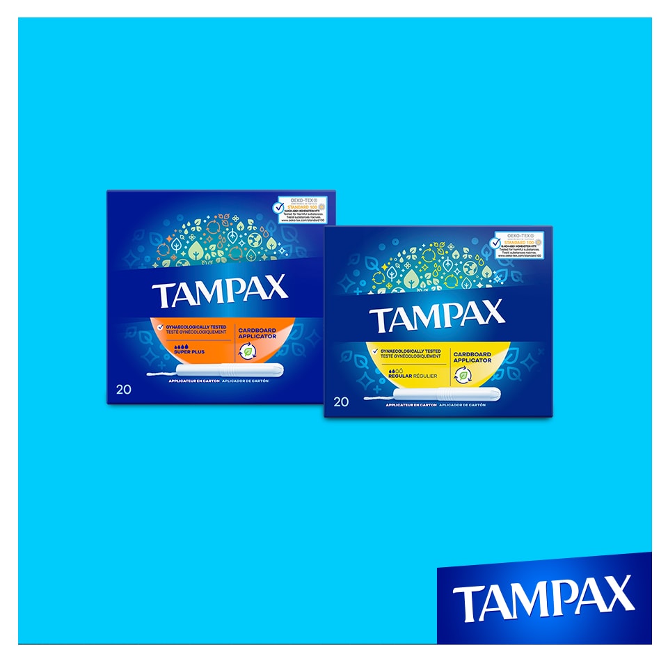 2 boîtes de Tampax Tampons avec applicateur en carton : régulier (boîte jaune) et super plus (boîte orange).