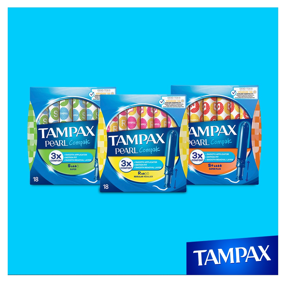 Visuel de 3 boîtes de Tampax Pearl Compak : régulier, super, super plus.