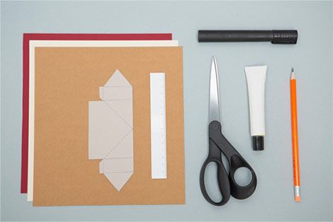 Un patron,  Des feuilles de papier rigide, Une règle, Des ciseaux, De la colle, Un crayon et Un marqueur
